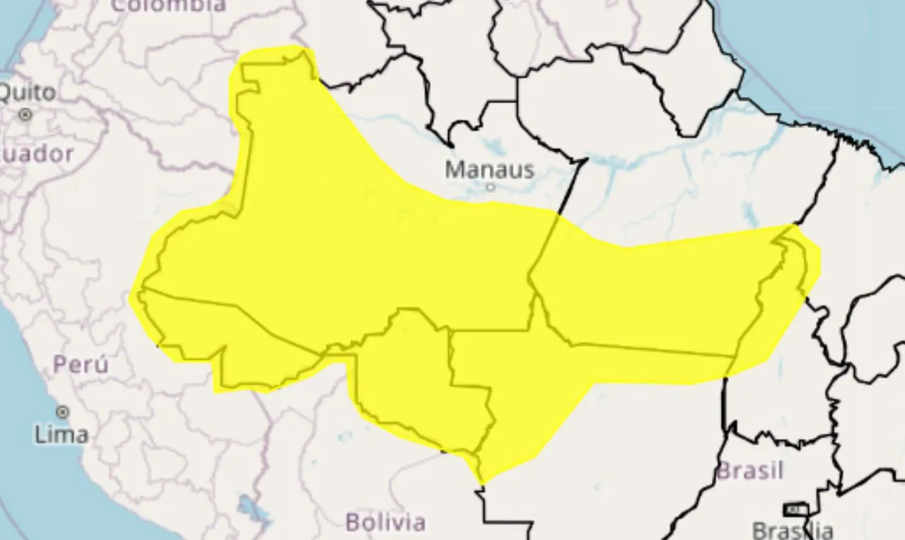 O mapa mostra as áreas em alerta para chuva intensa